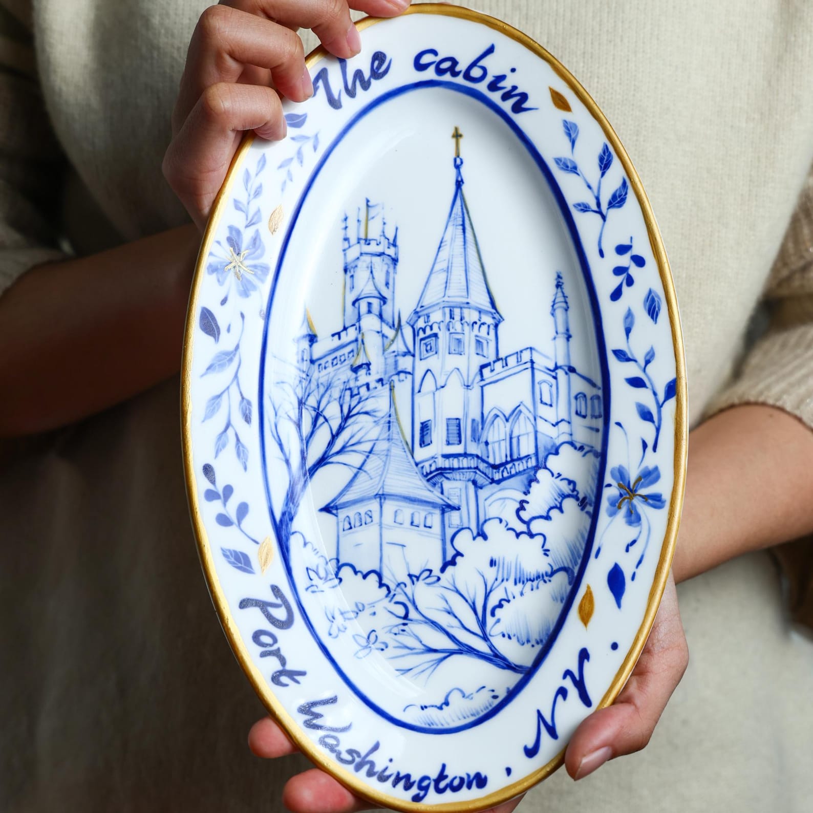 Custom Home Portrait Decorative House Plate | Handpainted Memorial Platter | Personalized Name, Date, Place Keepsake | Memorial Family Gift - Style G