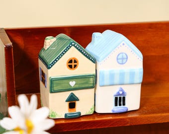 Miniature Cottage Set Coastal Striped Clay Village Charming Small House Figurine Tiered Tray Decor Housewarming Friend Gift Planter Accent