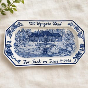 Custom House Decorative Platter Personalized City Skyline Ceramic Plate Handpainted 40cm Churchill Blue Kitchen Decor Housewarming Gift