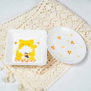 Sunshine Paws Ring Dish Set | Handmade Ceramic Orange Jewelry Tray Set | Kawaii Fluffy Kitty Trinket Holders | Japanese Cartoon Style Dishes