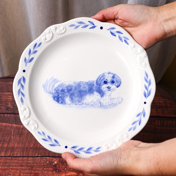 Assiette personnalisée en céramique bleue pour portrait d'animal de compagnie Assiette commémorative personnalisée pour la première maison, maison des animaux peinte à la main, saladier de fruits Home Sweet Home