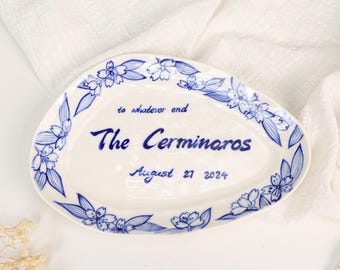Custom Cherry Blossom Wedding Plate, Personalized Name and Date, Hand Painted Blue and White Ceramic Plate, Anniversary Gift