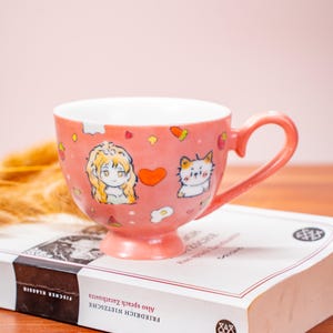 Personalized Ceramic Tea Cup Pet & Owner Cartoon Images Fairytale Style Goblet Custom Anime Portrait Espresso Mug Perfect Gift for Pet Owner
