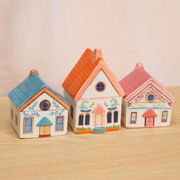 Handmade Ceramic House Figurine Colorful Handpainted Cozy Home Decor Gift for mom Cute Houses Housewarming Gift Unique aesthetic room decor