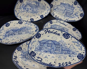Custom Home Portrait Plate Personalized Name Blue&Red Dish Special Date Ceramic Pasta Bowl Memorial Fruit Salad Bowl Romantic Gift Idea Y2k