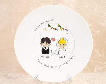Aangepast bruiloftblad | Handgeschilderd keramisch sieradenbordje | Gepersonaliseerd paar cartoon portret en naam decoratief dienblad | Bruidsdouchecadeau