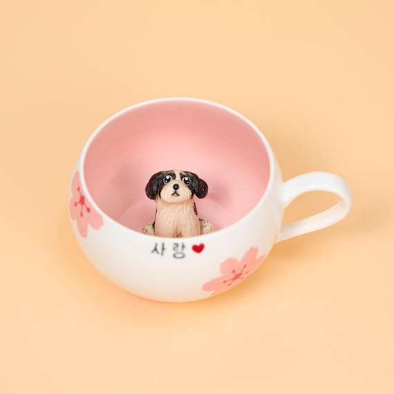 Custom Pink Flower Ceramic Pet Coffee Mug Personalized Handpainted Pottery Dog Espresso Cup Handmade Sakura Blossom Heart Icon Christmas Mug
