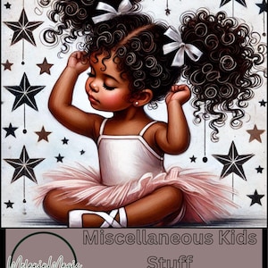 Puede incluir: Una portada de libro para colorear con una niña de piel morena y cabello rizado que lleva un tutú rosa y zapatos de ballet blancos. El fondo es blanco con estrellas negras.