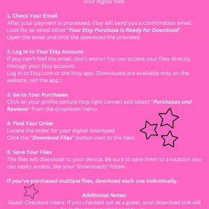 Puede incluir: Fondo rosa con un cuadro de texto blanco que describe c&oacute;mo descargar archivos digitales de Etsy. El texto incluye instrucciones sobre c&oacute;mo comprobar tu correo electr&oacute;nico, iniciar sesi&oacute;n en tu cuenta de Etsy, ir a tus compras, encontrar tu pedido y guardar tus archivos. Se incluyen notas adicionales para los usuarios de la compra como invitado y los usuarios de aplicaciones m&oacute;viles.