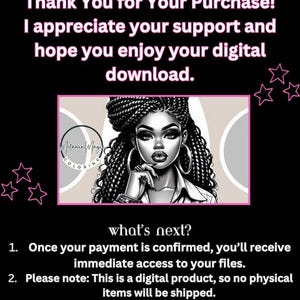 Puede incluir: Una ilustraci&oacute;n en blanco y negro de una mujer con un gran peinado afro. El texto "melanin magic coloring" est&aacute; debajo de la imagen. El texto "Unleash your creativity with my unique coloring book designs!" est&aacute; debajo del texto "melanin magic coloring".