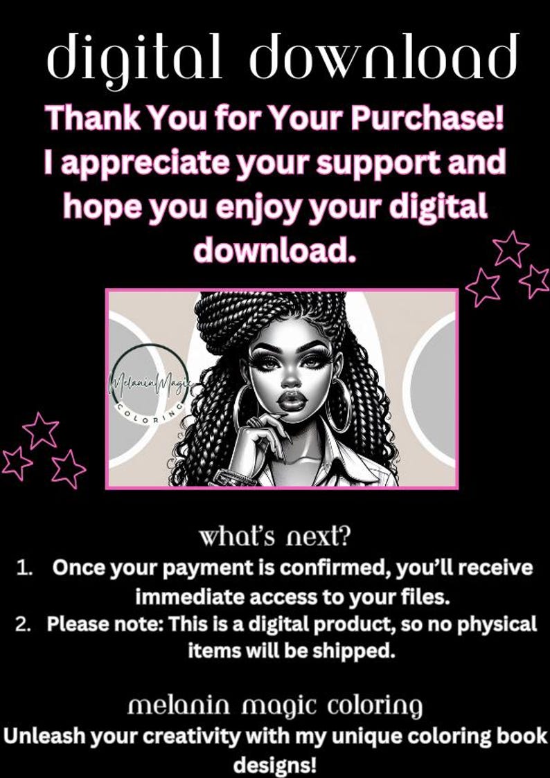 Puede incluir: Una ilustraci&oacute;n en blanco y negro de una mujer con un gran peinado afro. El texto "melanin magic coloring" est&aacute; debajo de la imagen. El texto "Unleash your creativity with my unique coloring book designs!" est&aacute; debajo del texto "melanin magic coloring".