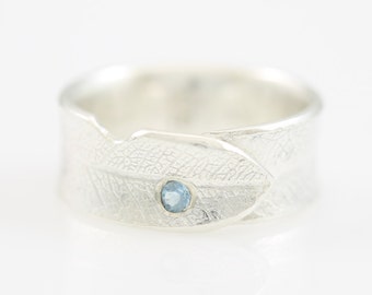Overlapping Bodhi Leaf Ring with Flush Set Aquamarine, sterling silver, silver leaf, leaf jewelry, botanical, unique rings,tarnish resistant