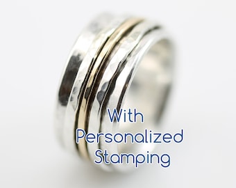 PERSONALIZED Wide Hammered Spinner Ring (with Solid Gold Spinners), silver ring, sterling silver ring, meditation, sterling silver