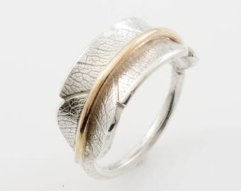 Bodhi Leaf Band with Gold Fill, Leaf Ring, Bodhi Ring, Silver Ring