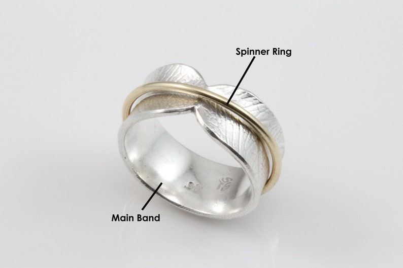 Bodhi Leaf Spinner Ring, meditation ring, fidget ring, worry ring, spinning ring, recycled silver ring, mixed metal ring, wide band image 4