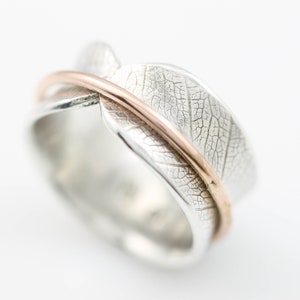 Bodhi Leaf Spinner Ring, meditation ring, fidget ring, worry ring, spinning ring, recycled silver ring, mixed metal ring, wide band image 1