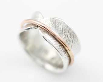 Bodhi Leaf Spinner Ring, meditation ring, fidget ring, worry ring, spinning ring, recycled silver ring, mixed metal ring, wide band