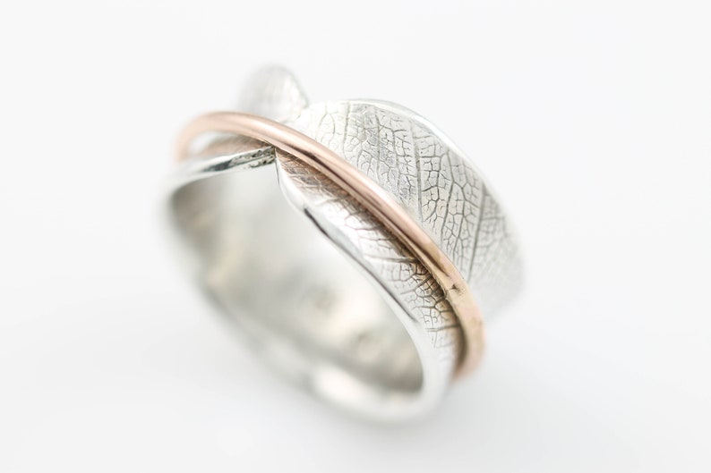 Bodhi Leaf Spinner Ring, meditation ring, fidget ring, worry ring, spinning ring, recycled silver ring, mixed metal ring, wide band image 1