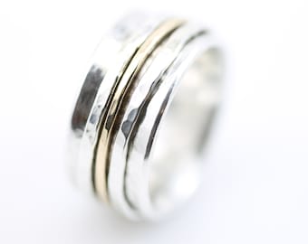 Wide Hammered Spinner Ring (with Solid Gold Spinners), silver ring, sterling silver ring, meditation, sterling silver