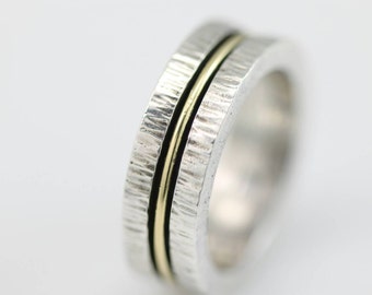 Banded Ring with 14k Yellow Gold, Men's Wedding Band, recycled silver, argentium silver, sterling silver, hammered ring, wedding ring