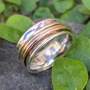 Silver Tri Color Spinner Ring, Silver, Yellow/Rose Gold Fill, Meditation, Family/Mothers Band
