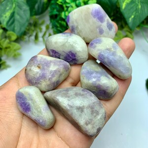 May include: A collection of tumbled stones in shades of white and purple. The stones have a smooth, polished appearance and vary in size and shape. The purple coloration is distributed in patches and swirls across the surface of the stones. The stones are held in a hand.