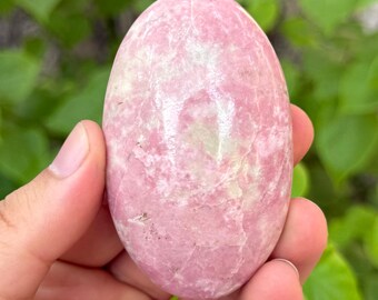 May include: A pink, oval-shaped stone with a smooth surface. The stone has a mix of light and dark pink hues, with some areas appearing almost white. The stone is held in a hand, with green foliage in the background.
