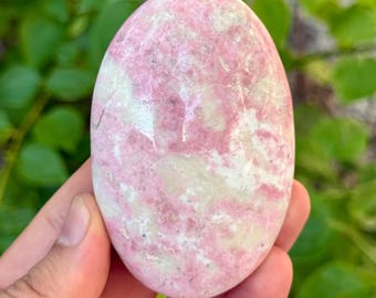 May include: A polished, oval-shaped gemstone with a pink and white marbled pattern. The stone is held in a hand, with green foliage in the background. The pink hues vary in intensity, creating a visually appealing texture.