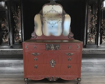 Hand-Painted Vintage Vanity with Mirror | Victorian Refinished Furniture One-of-a-Kind Statement Piece