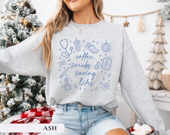 Sweat-shirt « Café, soins infirmiers et sauvetage de vies », T-shirt mignon « Vie d'infirmière », Sweat-shirt pour étudiante en soins infirmiers, Cadeau de fin d'études à l'hôpital, Haut assorti pour équipe