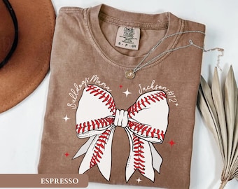 Custom Baseball Mom Shirt Personalized Coquette Baseball Bow Tee Custom Team Name Tshirts Game Day Outfit Trendy Women's Baseball Shirts