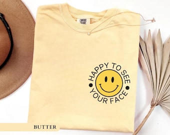 T-shirt « Heureux de te voir » style rétro, t-shirt smiley pour enseignant·e, cadeau pour la santé mentale positive, t-shirt pour conseiller·ère scolaire, t-shirt mignon pour enfants d'âge préscolaire et éducation spécialisée