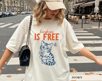 Kindness Is Free Cat Shirt Cute Cat With Glasses Tee Retro Positivity Teacher Top Motivational Cat Mom Tshirt Inspirational Gift For Women