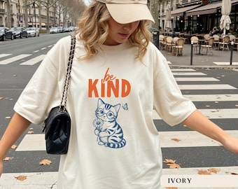 Be Kind Cat Shirt Cute Cat With Glasses Tee Retro Kindness Teacher Top Whimsical Daisy Cat Mom Positivity Graphic Pet Lover Gift For Women