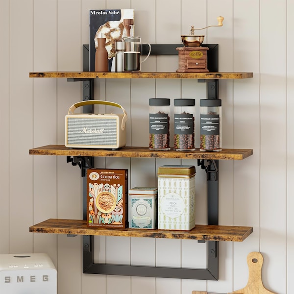 Floating Shelves for Wall, 3 Tier Coffee Bar Shelf with Foldable Brackets, 24 inch Industrial Display Shelf - Rustic Brown