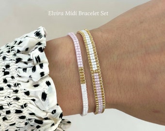 White, Gold and Pink Beaded Miyuki Bracelet Set, Bracelet for Women, Gift Set Bracelet, Elegant Minimalist Beaded Bracelet