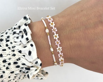 Witte en roze parel kralen armband set, elegante parel armband, armband cadeauset voor vrouwen, Miyuki kralen armband