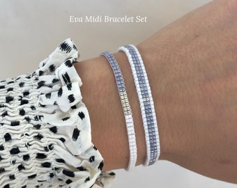 White, Silver and Blue Beaded Miyuki Bracelet Set, Bracelet for Women, Gift Set Bracelet, Elegant Minimalist Beaded Bracelet