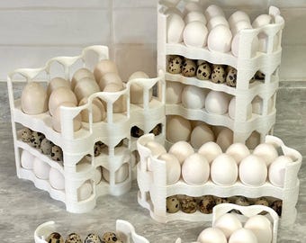 Stackable Fridge Egg Holder: Minimalist 3D-Printed Organizer for Chicken, Bantam, Quail, Duck Eggs. Available in multiple sizes