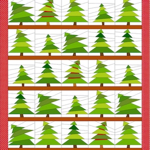 Könnte beinhalten: Ein Quiltblockmuster mit 20 grünen Weihnachtsbäumen mit roten und weißen Akzenten auf weißem Hintergrund. Die Bäume sind in fünf Reihen mit jeweils vier Bäumen angeordnet. Der Hintergrund ist ein roter und weißer Tupfenstoff.