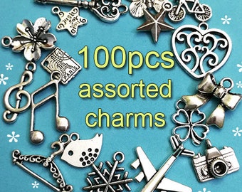 100pcs mix antique silver charms