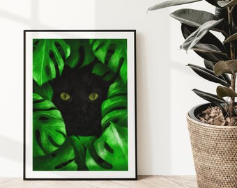 Black Cat Monstera Art Print | Cat Lover Gift | Jungalow Home Decor | House Panther Wall Art | Botanical Leaf Print Illustration | A3/A4/5x7