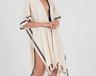Natural Single Strips Kimono - Turkish Cotton Beachwear , Soft Cover ups, Gift, Teacher Gifts