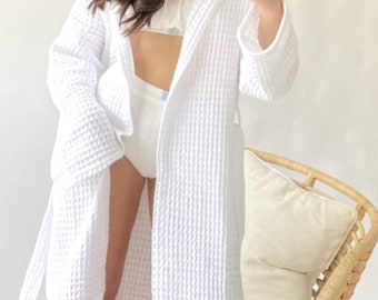 Turkish Cotton Waffle Soft Hooded Robe - Mother&#39;s Day Gift , Resort Beach Coverup, Wedding Gifts, Spa Gift, Housewarming Gifts