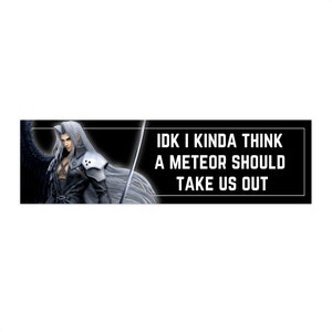 Op de afbeelding: Een zwart-witte sticker met een personage uit een videogame en de tekst "IDK I KINDA THINK A METEOR SHOULD TAKE US OUT".