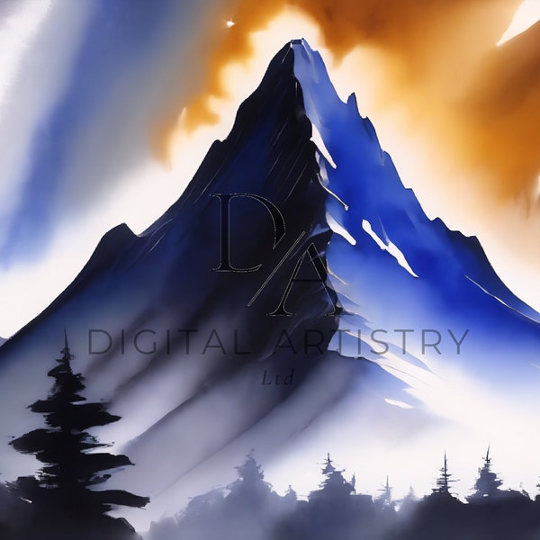 Blue Mountain, Japanese Inspired, Ink Brush Painting, Digital Art Landscape Art, Nature, Frame TV Art, Wallpaper, Screensaver | SCR240504
