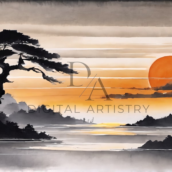 Orange Sunset, Japanese Inspired, Digital Art, Ink Brush Painting, Landscape Art, Nature, Frame TV Art, Wallpaper, Screensaver | SCR240505