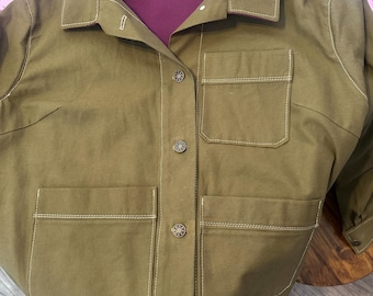Olive Chore Coat with Eggplant Accents - Unlined, Size Large