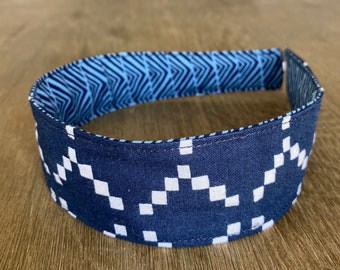 Comfortable Headband-- Washable, reversible-- navy & white patterned