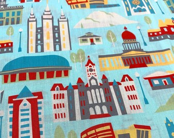 Salt Lake City Utah Fabric, 56" wide print on Quilting Cotton